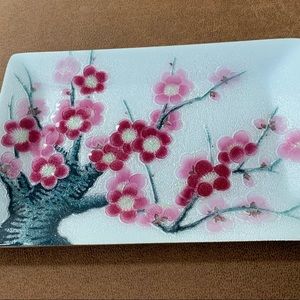 Red, pink and white flower plant glass jewelry holder 5x7.